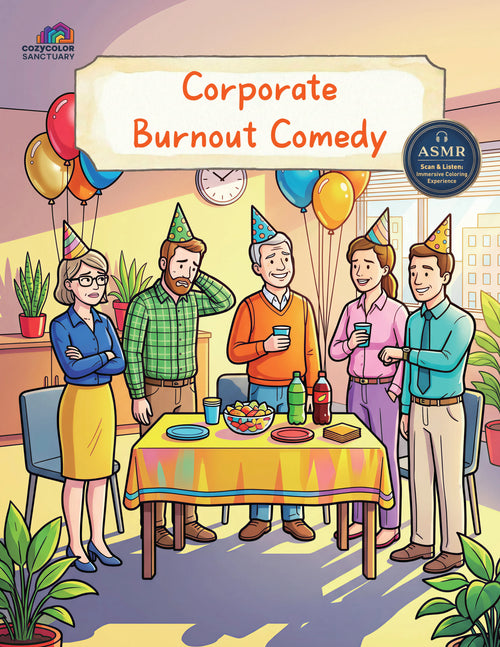 Corporate Burnout Comedy adult coloring book printable PDF – relatable office humor illustrations for stress relief
